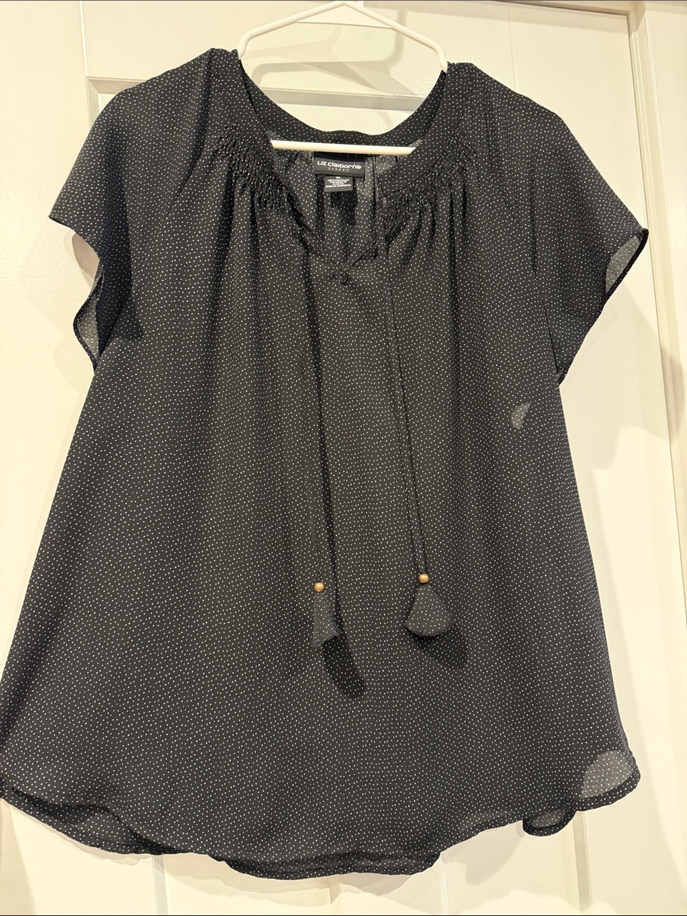 Liz Claiborne Black Microdot Peasant Top
